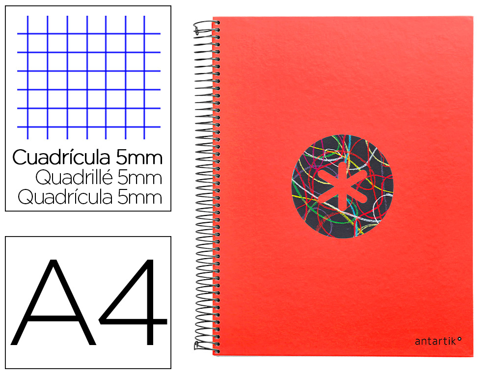 CUADERNO ESPIRAL LIDERPAPEL A4 MICRO ANTARTIK TAPA FORRADA120H 100 GR CUADRO 5 BANDA 4 TALADROS TRENDING ROJO