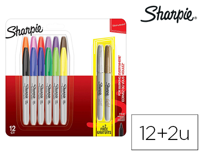 ROTULADOR SHARPIE PERMANENTE PUNTA FINA BLISTER DE 12 UNIDADES COLORES SURTIDOS + 2 UNIDADES COLOR