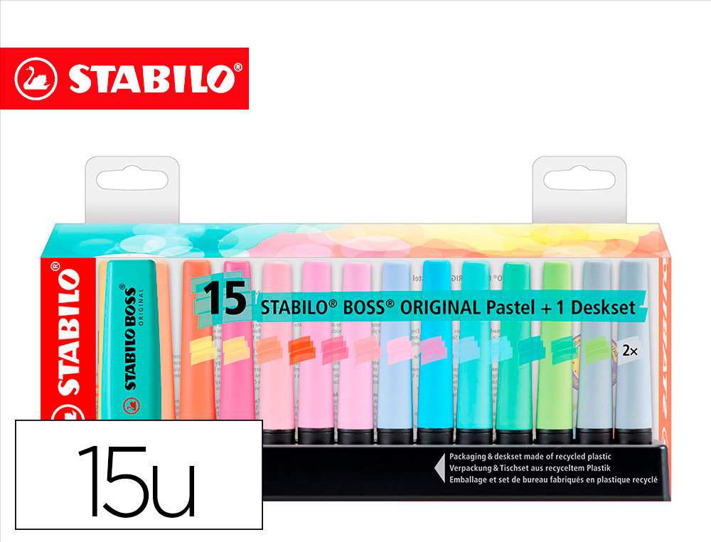 ROTULADOR STABILO BOSS FLUORESCENTE 70 PASTEL DESKSET ESTUCHE DE 15 UNIDADES COLORES SURTIDOS