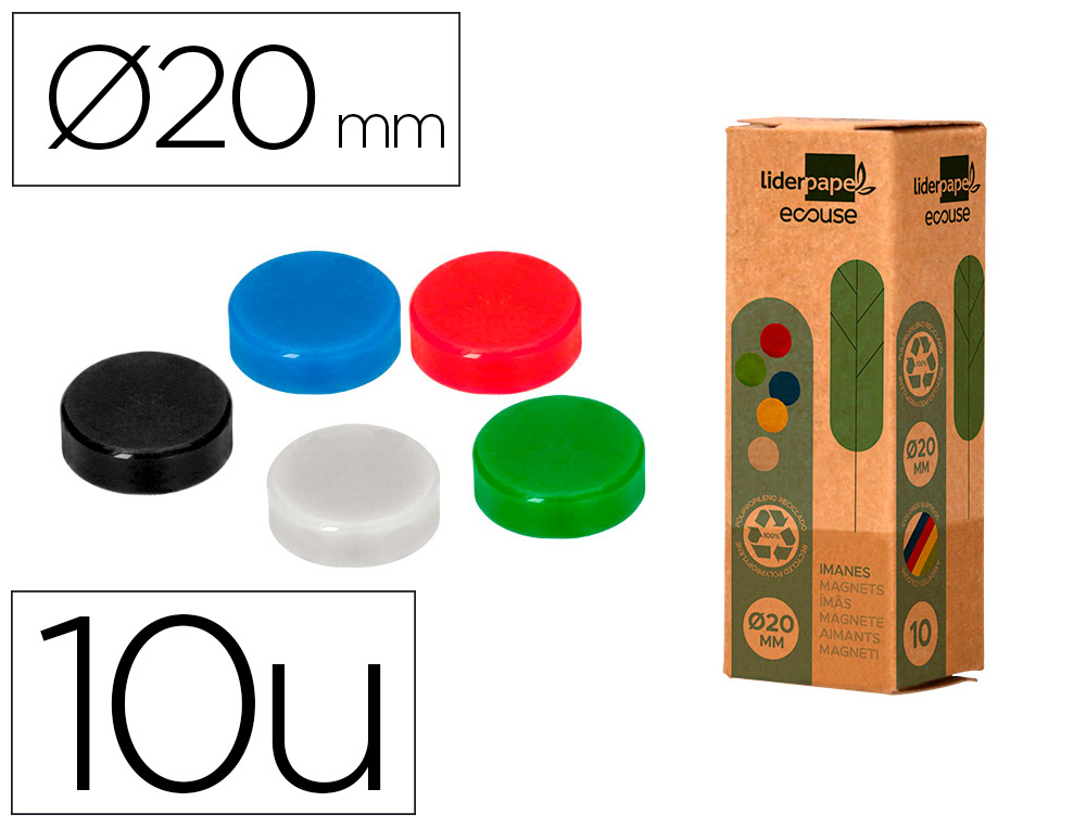 IMANES PARA SUJECION LIDERPAPEL ECOUSE PP RECICLADOPARA PIZARRA MAGNETICA 20 MM CAJA DE 10 UNIDADES