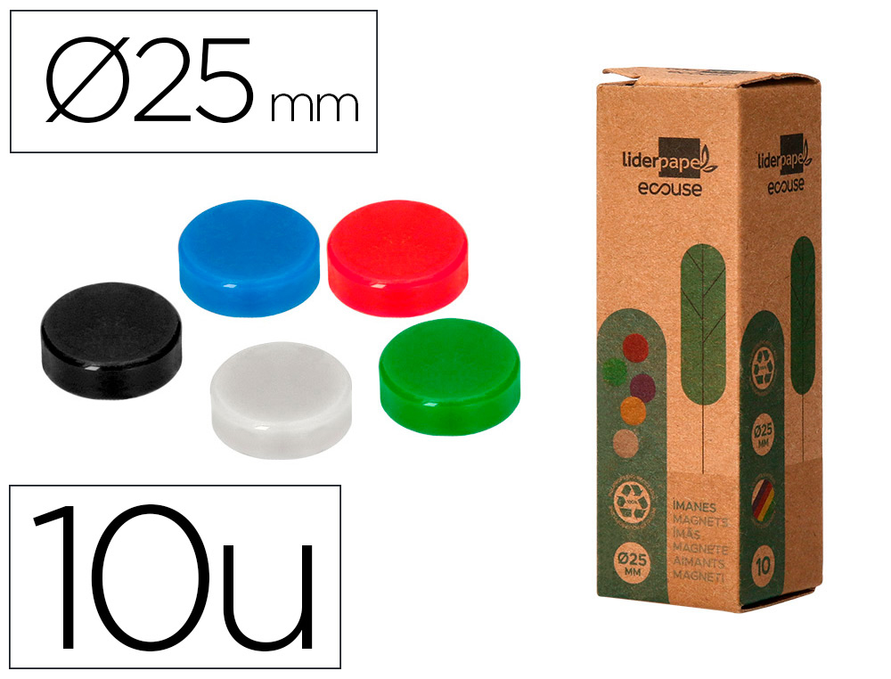 IMANES PARA SUJECION LIDERPAPEL ECOUSE PP RECICLADO PARA PIZARRA MAGNETICA 25 MM CAJA DE 10 UNIDADES