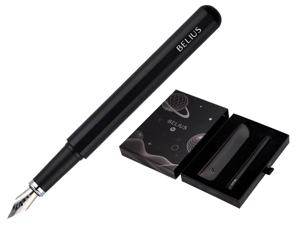 PLUMA Y FUNDA DE SIMILPIEL BELIUS SPACE B COLOR MINIMALISTA NEGRO TINTA AZUL CAJA DE DISEO
