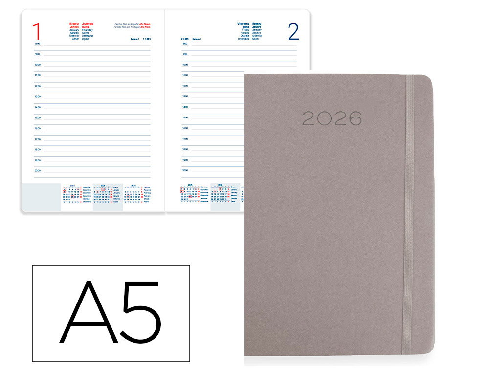AGENDA ENCUADERNADA LIDERPAPEL MYKONOS 150X210 MM 2026 DIA PAGINA GRIS PAPEL 70 GR FSC