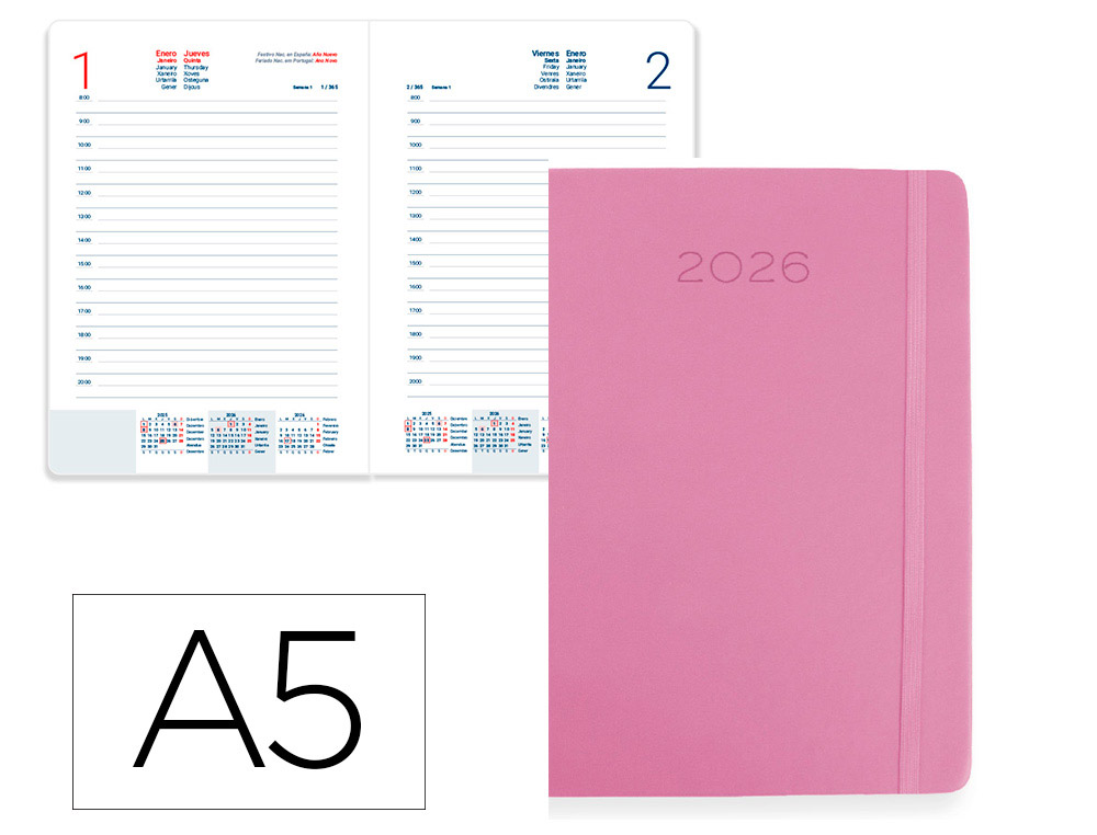AGENDA ENCUADERNADA LIDERPAPEL MYKONOS 150X210 MM 2026 DIA PAGINA ROSA PAPEL 70 GR FSC