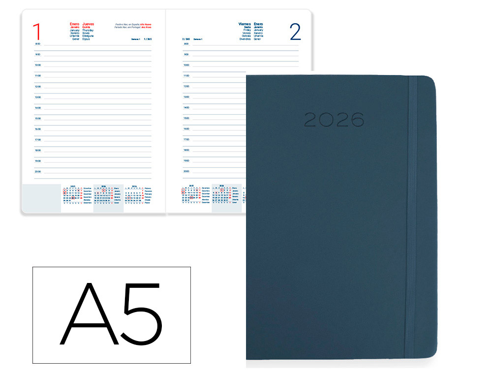 AGENDA ENCUADERNADA LIDERPAPEL MYKONOS 150X210 MM 2026 DIA PAGINA AZUL OSCURO PAPEL 70 GR FSC