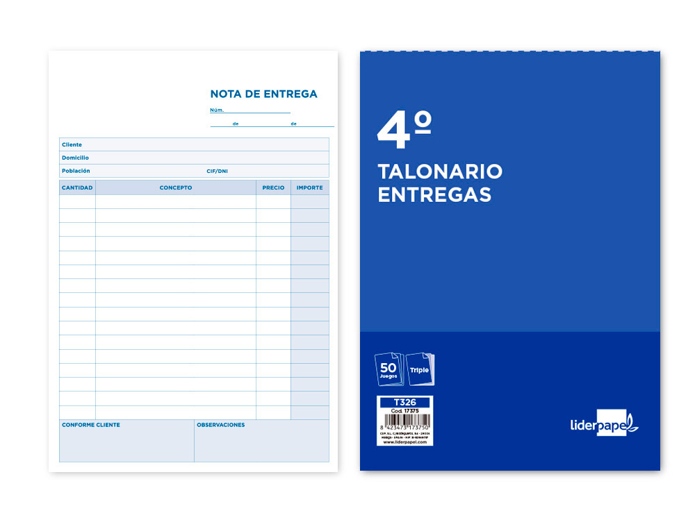 TALONARIO LIDERPAPEL ENTREGAS CUARTO ORIGINAL Y 2 COPIAS T326