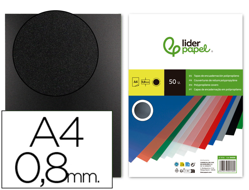 TAPA ENCUADERNACION LIDERPAPEL POLIPROPILENO A4 0.8MM NEGRO OPACO PAQUETE DE 50 UNIDADES