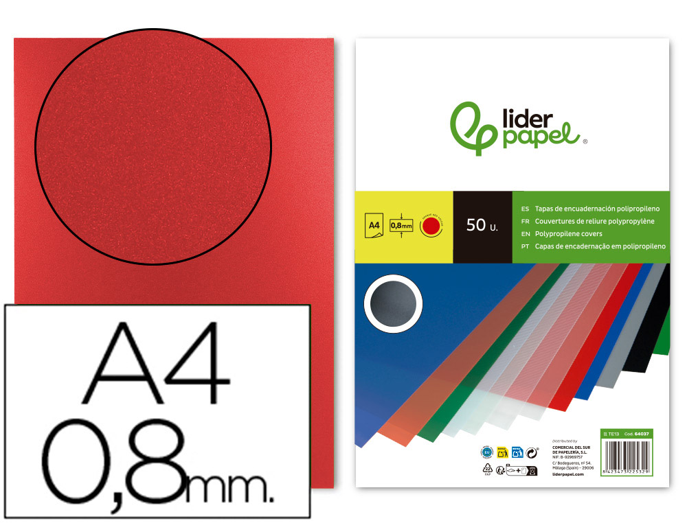 TAPA ENCUADERNACION LIDERPAPEL POLIPROPILENO A4 0.8MM ROJO OPACO PAQUETE DE 50 UNIDADES