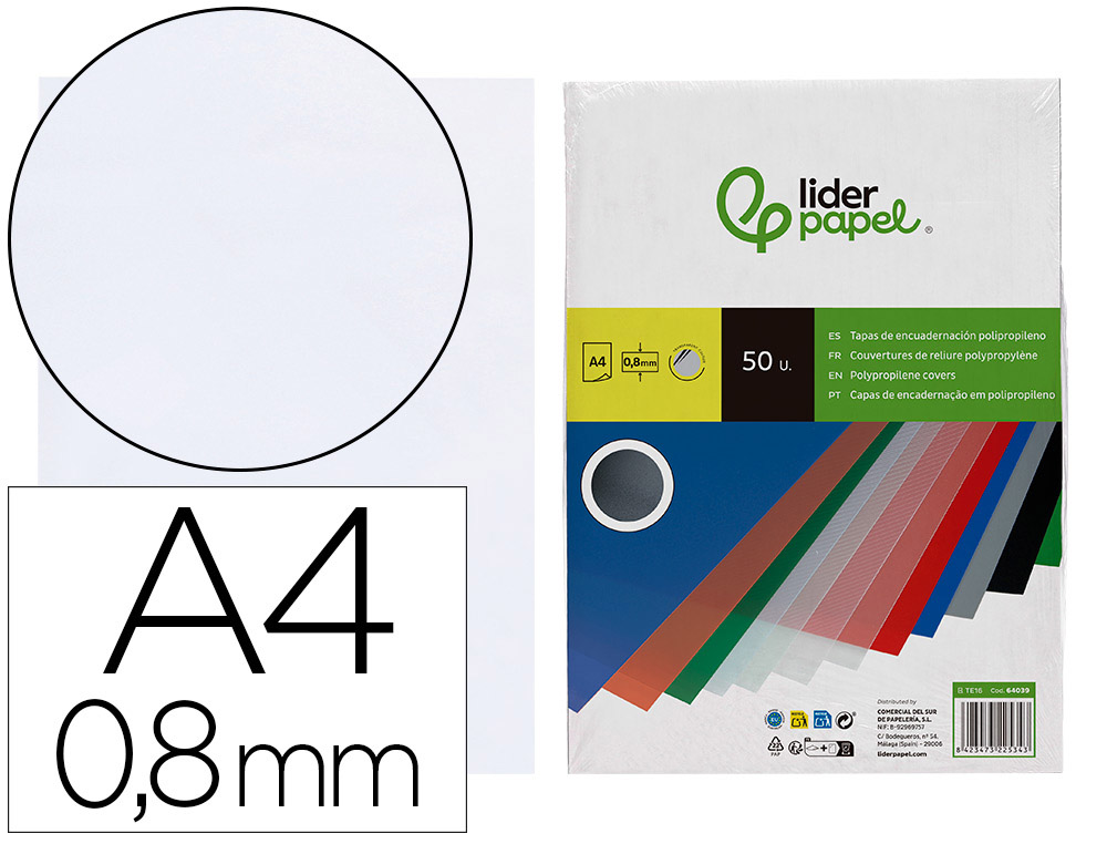 TAPA ENCUADERNACION LIDERPAPEL POLIPROPILENO A4 0.8MM TRANSPARENTE PAQUETE DE 50 UNIDADES