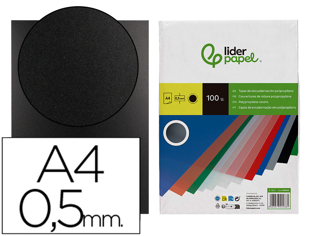 TAPA ENCUADERNACION LIDERPAPEL POLIPROPILENO A4 0.5MM NEGRO OPACO PAQUETE DE 100 UNIDADES