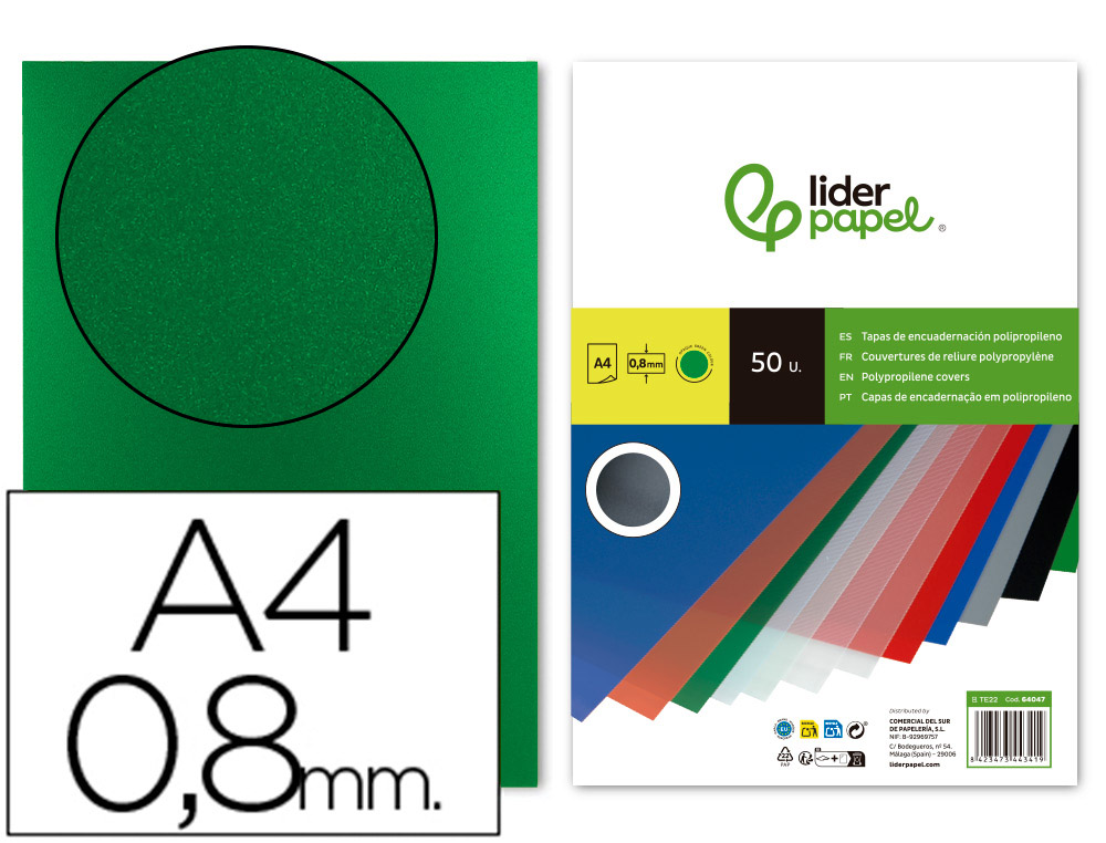 TAPA ENCUADERNACION LIDERPAPEL POLIPROPILENO A4 0.8MM VERDE OPACO PAQUETE DE 50 UNIDADES