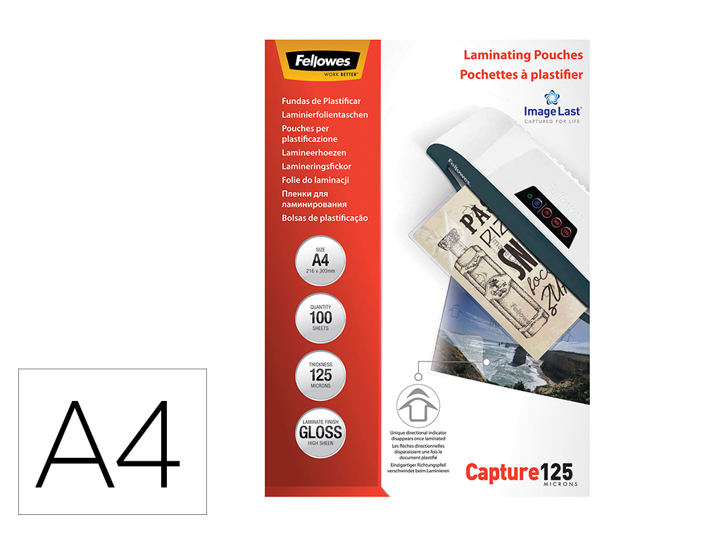 BOLSA DE PLASTIFICAR FELLOWES BRILLO DIN A4 125 MICRAS PACK 100 UNIDADES
