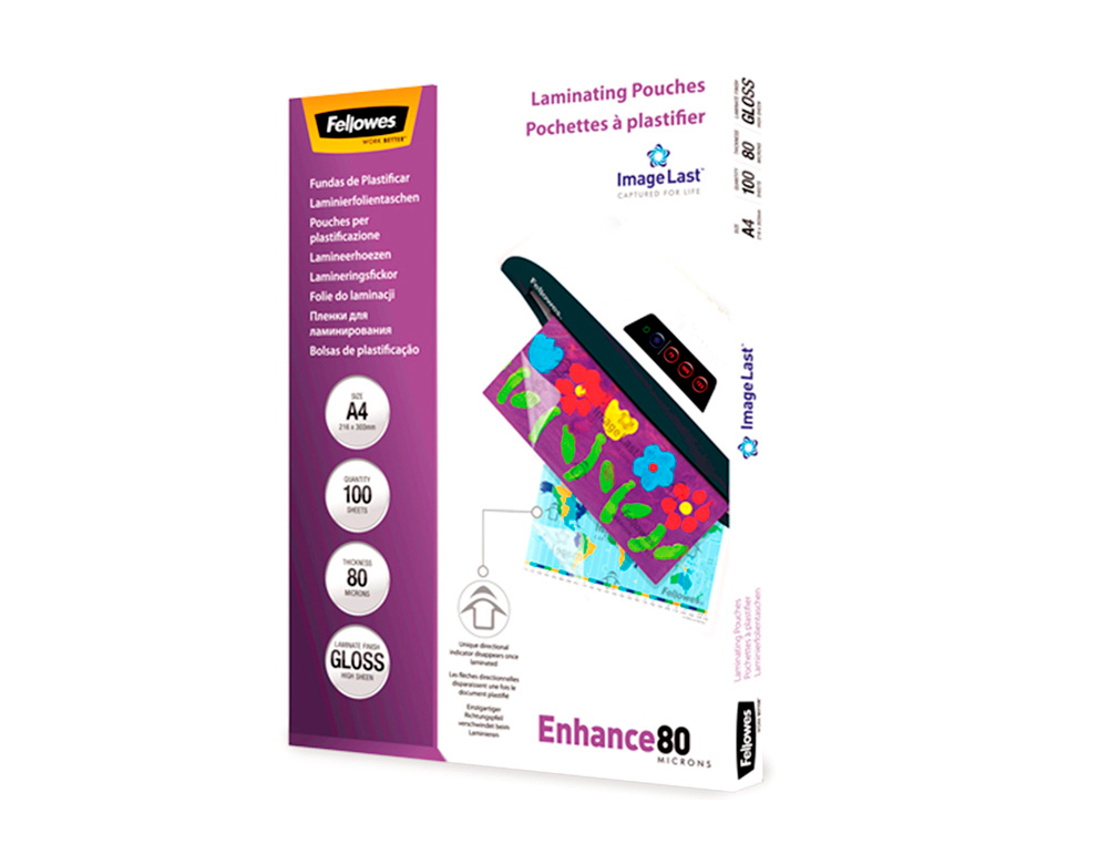 BOLSA DE PLASTIFICAR FELLOWES BRILLO DIN A4 80 MC PACK DE 100 UNIDADES