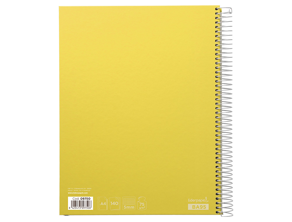 CUADERNO ESPIRAL LIDERPAPEL A4 MICRO JOLLY TAPA FORRADA 140H 75 GR CUADRO 5MM 5 BANDAS4 TALADROS COLOR AMARILLO