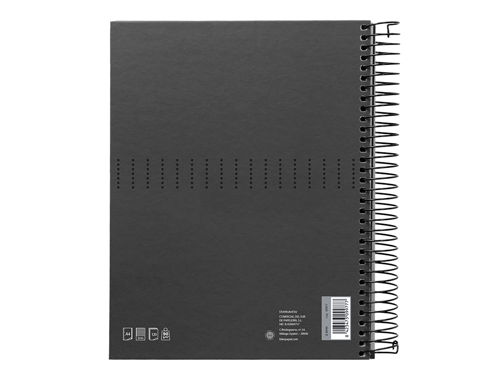 CUADERNO ESPIRAL LIDERPAPEL A4 MICRO CRAFTY TAPA FORRADA 120H 90 GR CUADRO 5MM 5 BANDAS 4 COLORES COLOR NEGRO
