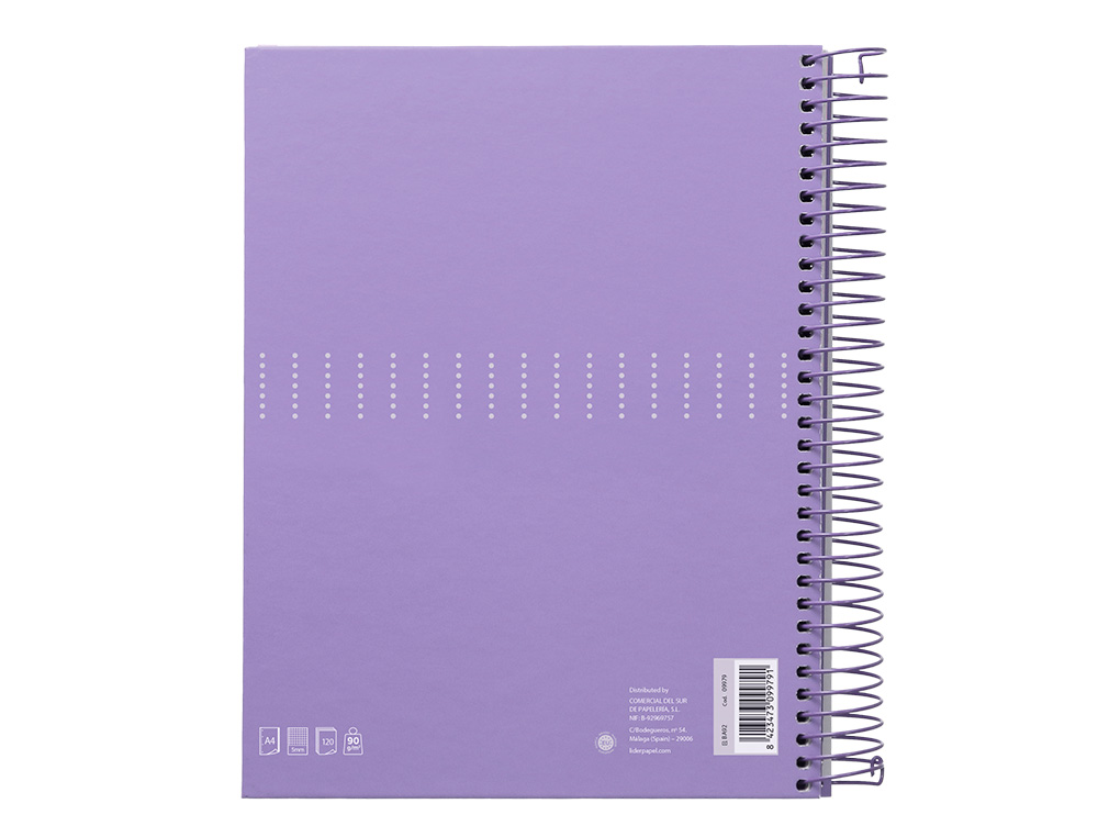 CUADERNO ESPIRAL LIDERPAPEL A4 MICRO CRAFTY TAPA FORRADA 120H 90GR CUADRO 5MM 5 BANDAS 4 TALADROS COLOR VIOLETA