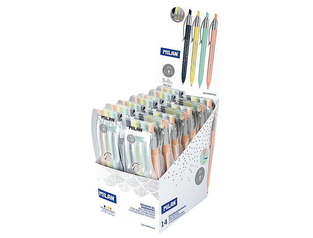 BOLIGRAFO MILAN P1 SILVER EXPOSITOR DE 14 UNIDADES RETRACTIL 1 MM ESTUCHE DE 4 UNIDADES COLORES SURTIDOS