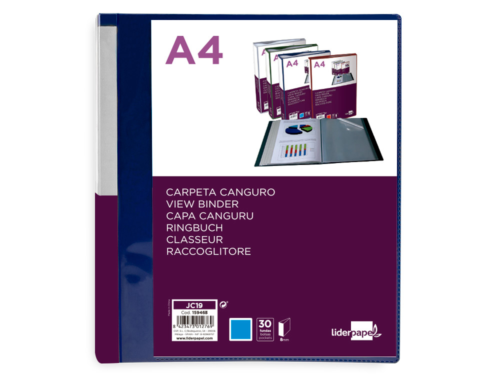 CARPETA LIDERPAPEL 30 FUNDAS CANGURO PP DIN A4 AZUL TRANSLUCIDO PORTADA Y LOMO PERSONALIZABLE