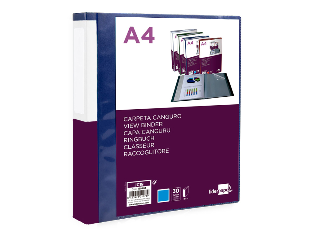 CARPETA LIDERPAPEL 30 FUNDAS CANGURO PP DIN A4 AZUL TRANSLUCIDO PORTADA Y LOMO PERSONALIZABLE