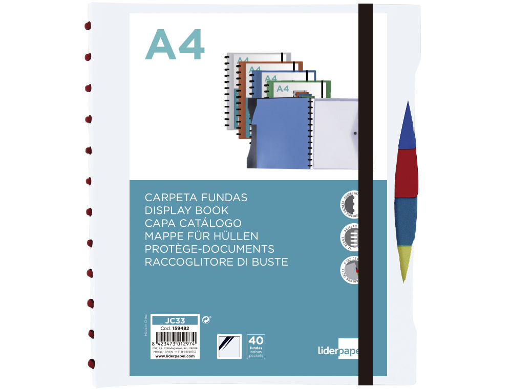 CARPETA LIDERPAPEL A4 CON 40 FUNDAS INTERCAMBIABLES 5 SEP SOBRE Y GOMILLA PORTADA Y LOMOPERSONALIZABLE TRANSPARENTE