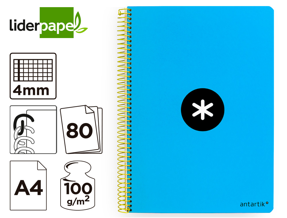 CUADERNO ESPIRAL A4 ANTARTIK TAPA DURA 80H 90GR CUADRO 4MM CON MARGEN COLOR AZUL
