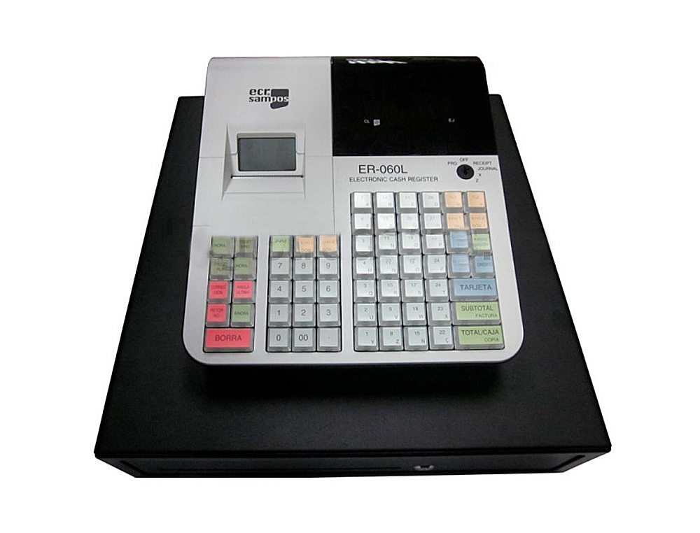 REGISTRADORA ECR SAMPOS ER-60 BLANCA 28 DEPARTAMENTOS DISPLAY VFD ANTIREFLEJOS CONFORME NORMATIVA FACTURA