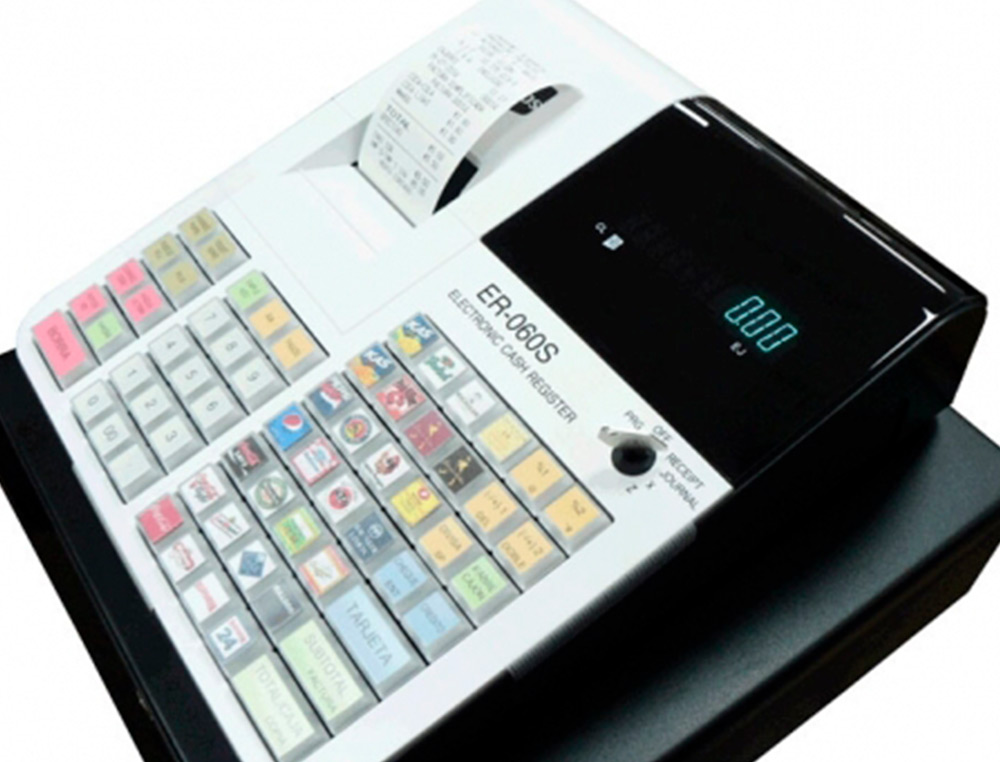 REGISTRADORA ECR SAMPOS ER-60 BLANCA 28 DEPARTAMENTOS DISPLAY VFD ANTIREFLEJOS CONFORME NORMATIVA FACTURA