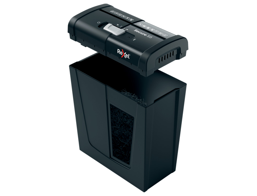 DESTRUCTORA DE DOCUMENTOS REXEL SECURE S5 EU CAPACIDAD 5 HOJAS GRAPAS CLIPS TARJETAS Y CD PAPELERA 10 L