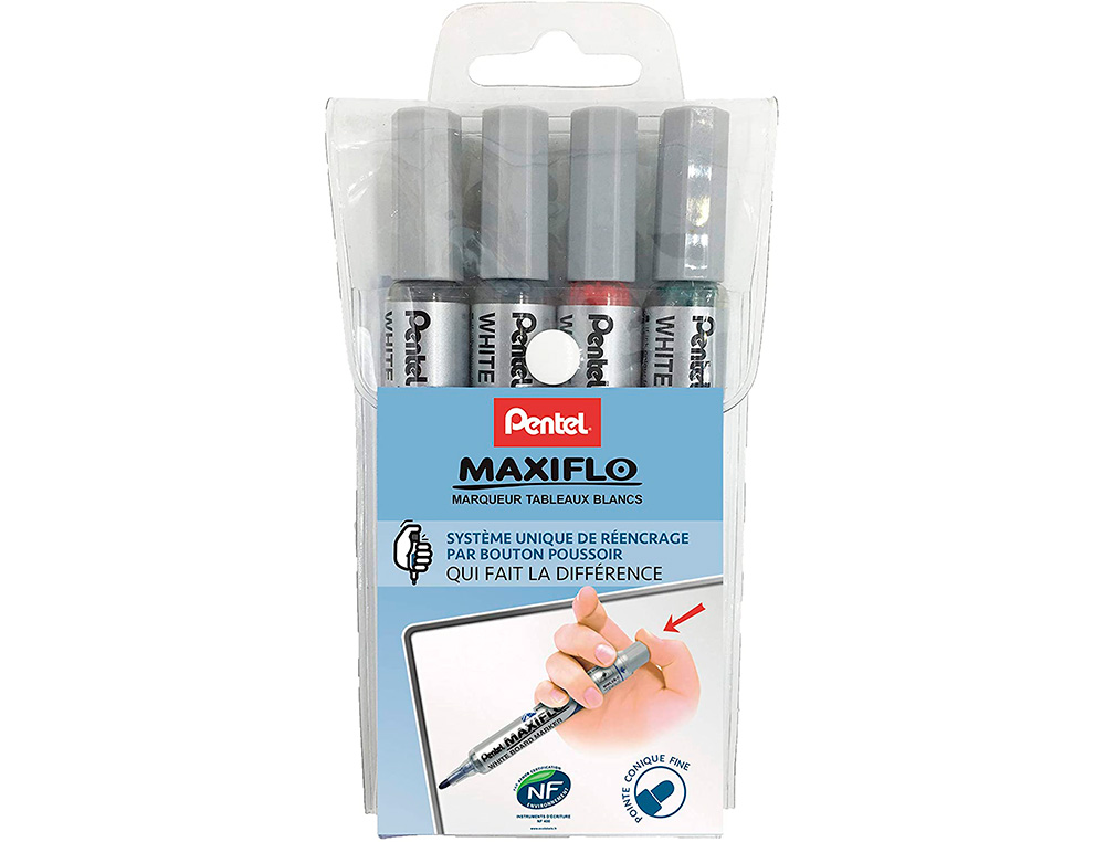 ROTULADOR PENTEL MAXIFLO PARA PIZARRA BLANCA PUNTA REDONDA 2,5-6 MM SET DE 4 UNIDADES COLORES BASICOS