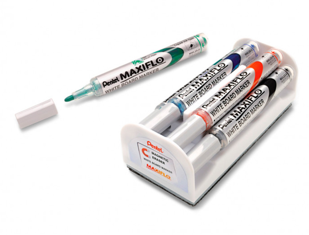 ROTULADOR PENTEL MAXIFLO PARA PIZARRA BLANCA PUNTA REDONDA 2,5-6 MM SET DE 4 UNIDADES COLORES BASICOS