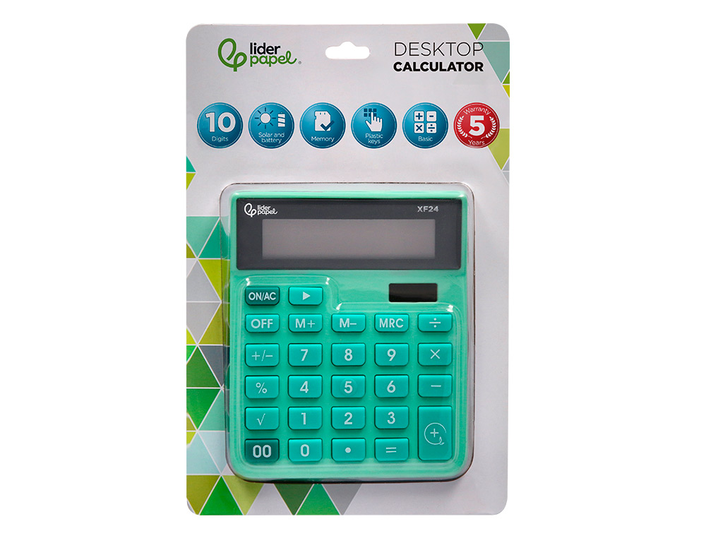 CALCULADORA LIDERPAPEL SOBREMESA XF24 10 DIGITOS SOLAR Y PILAS COLOR VERDE 127X105X24 MM