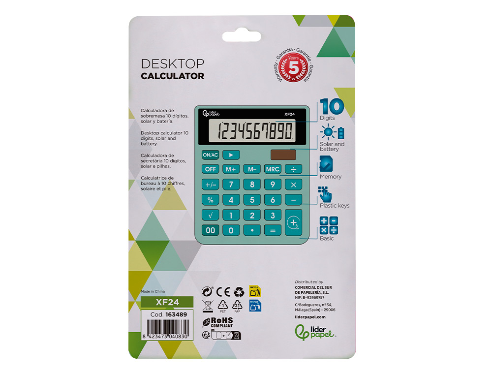 CALCULADORA LIDERPAPEL SOBREMESA XF24 10 DIGITOS SOLAR Y PILAS COLOR VERDE 127X105X24 MM