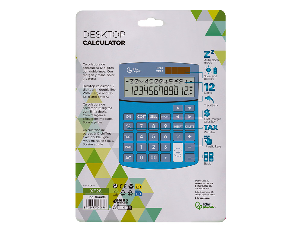 CALCULADORA LIDERPAPEL SOBREME SA XF28 12 DIGITOS DOS LINEAS COSTE VENTA MARGEN Y TASAS SOLAR Y PILAS AZUL 155X115X25 MM