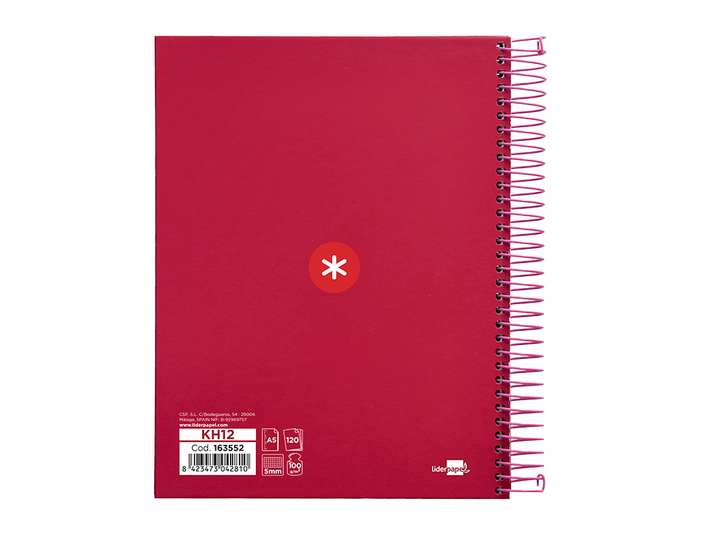 CUADERNO ESPIRAL A5 MICRO ANTARTIK TAPA FORRADA120H 90 GR CUADRO 5MM 5 BANDAS6 TALADROS COLOR FRAMBUESA