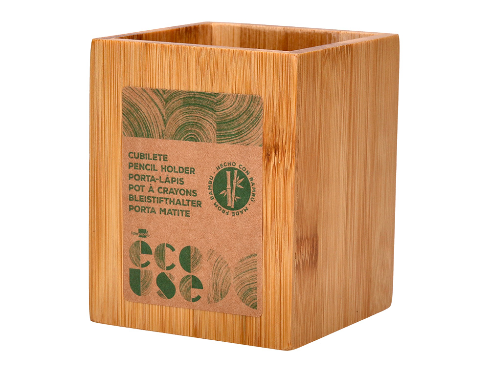 CUBILETE PORTALAPICES LIDERPAPEL BAMBU 100% NATURAL ECOUSE CUADRADO 80X80X100 MM