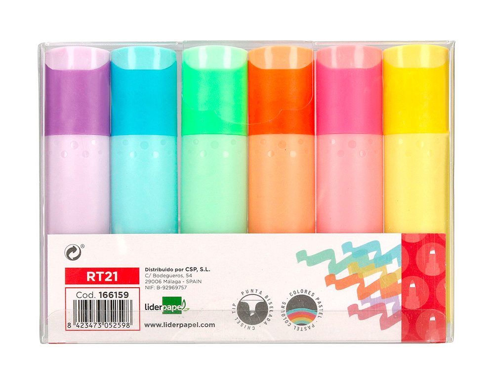 ROTULADOR LIDERPAPEL FLUORESCENTE PASTEL PUNTA BISELADA ESTUCHE DE 6 UNIDADES COLORES SURTIDOS