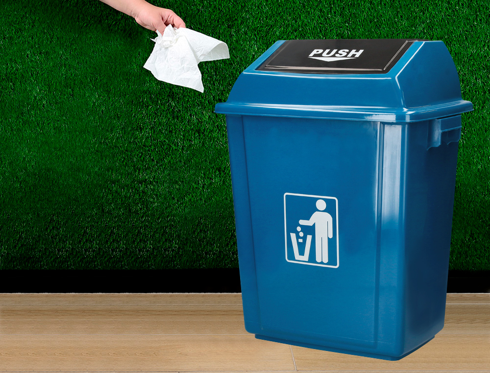 PAPELERA CONTENEDOR Q-CONNECT PLASTICO CON TAPA DE BALANCIN 58 LITROS AZUL 470X330X760 MM