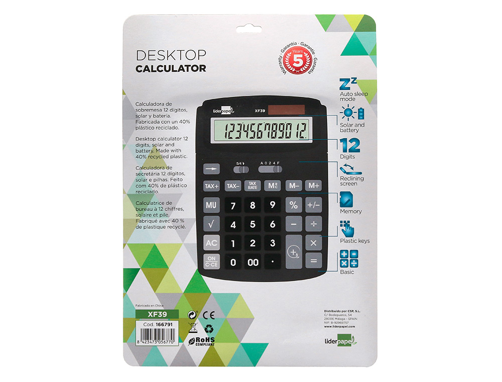 CALCULADORA LIDERPAPEL SOBREMESA XF39 12 DIGITOS SOLAR Y PILAS COLOR NEGRO 190X140X32 MM 40% RECICLADO