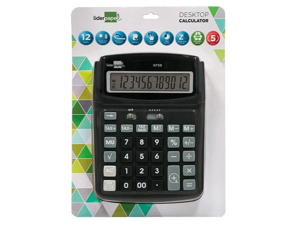 CALCULADORA LIDERPAPEL SOBREMESA XF39 12 DIGITOS SOLAR Y PILAS COLOR NEGRO 190X140X32 MM 40% RECICLADO