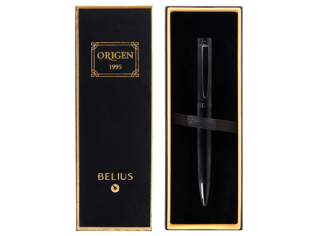 BOLIGRAFO BELIUS ORIGEN 1995 ALUMINIO TEXTURA CEPILLADA COLOR NEGRO TINTA AZUL CAJA DE DISEÑO