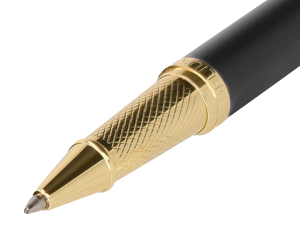 BOLIGRAFO BELIUS SOIREE ALUMINIO COLOR ART DECO NEGRO Y DORADO TINTA AZUL CAJA DE DISEÑO