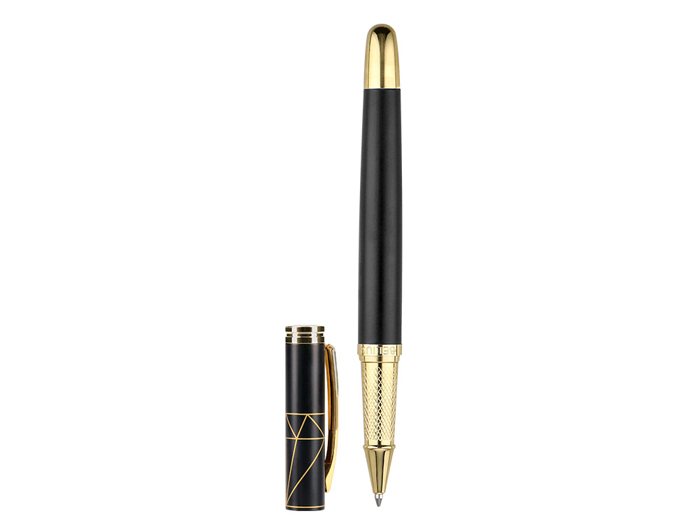 BOLIGRAFO BELIUS SOIREE ALUMINIO COLOR ART DECO NEGRO Y DORADO TINTA AZUL CAJA DE DISEÑO