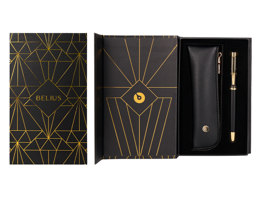 BOLIGRAFO Y ESTUCHE BELIUS SOIREE COLOR NEGRO Y DORADO TINTA AZUL CAJA DE DISEO