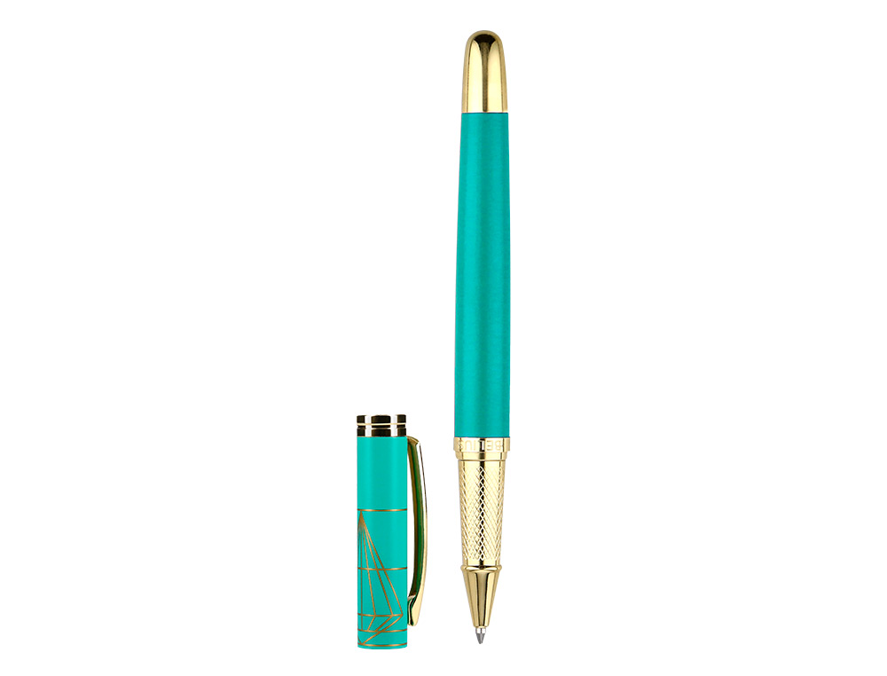 BOLIGRAFO BELIUS SOIREE ALUMINIO COLOR ART DECO TURQUESA Y DORADO TINTA AZUL CAJA DE DISEO