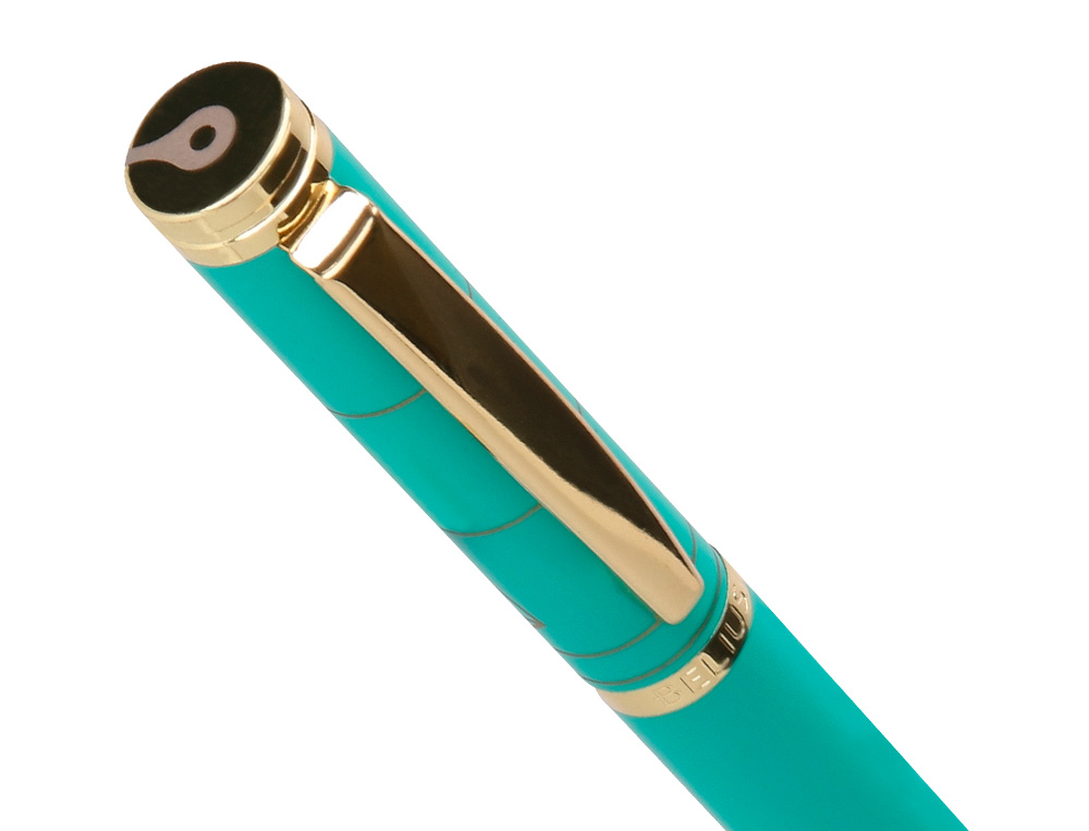 BOLIGRAFO BELIUS SOIREE ALUMINIO COLOR ART DECO TURQUESA Y DORADO TINTA AZUL CAJA DE DISEO