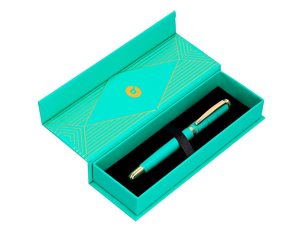 BOLIGRAFO BELIUS SOIREE ALUMINIO COLOR ART DECO TURQUESA Y DORADO TINTA AZUL CAJA DE DISEO