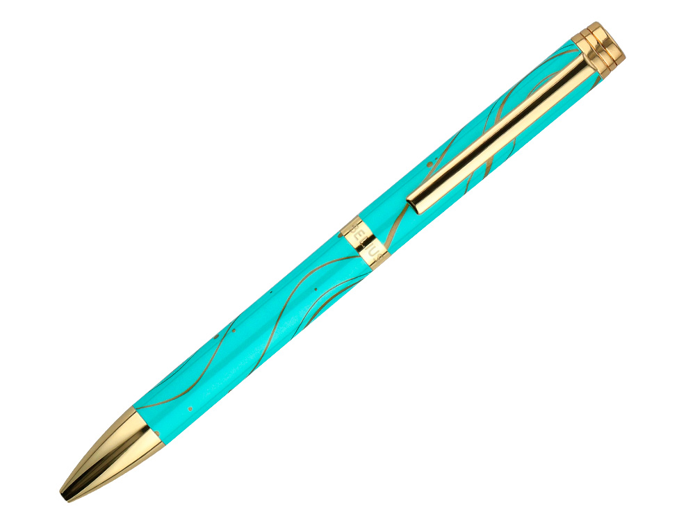 BOLIGRAFO BELIUS AQUA ALUMINIO COLOR TURQUESA Y DORADO TINTA AZUL CAJA DE DISEÑO