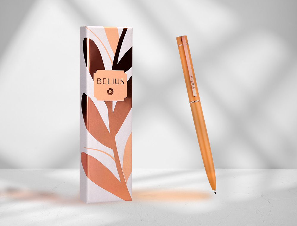 BOLIGRAFO BELIUS ROSE ALUMINIO COLOR NARANJA/ORO ROSA TINTA AZUL CAJA DE DISEÑO