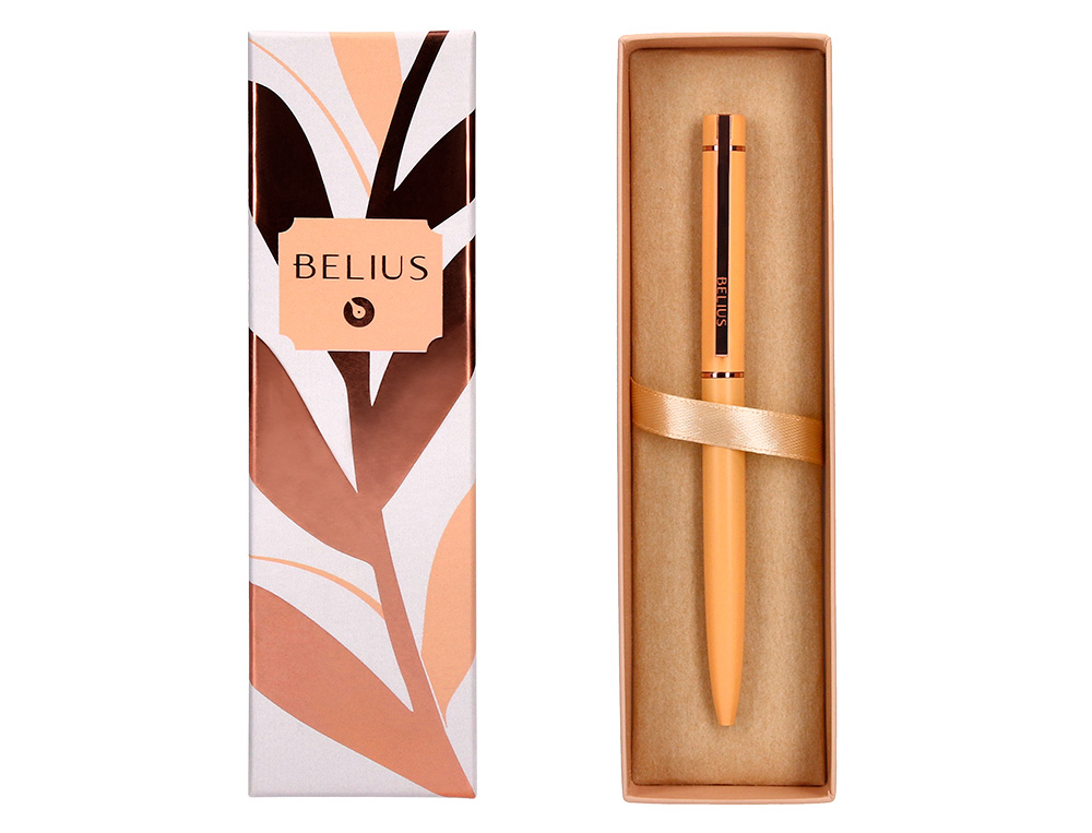 BOLIGRAFO BELIUS ROSE ALUMINIO COLOR NARANJA/ORO ROSA TINTA AZUL CAJA DE DISEÑO