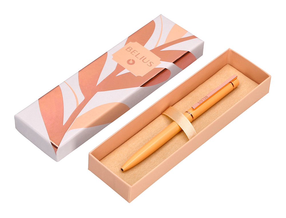 BOLIGRAFO BELIUS ROSE ALUMINIO COLOR NARANJA/ORO ROSA TINTA AZUL CAJA DE DISEÑO